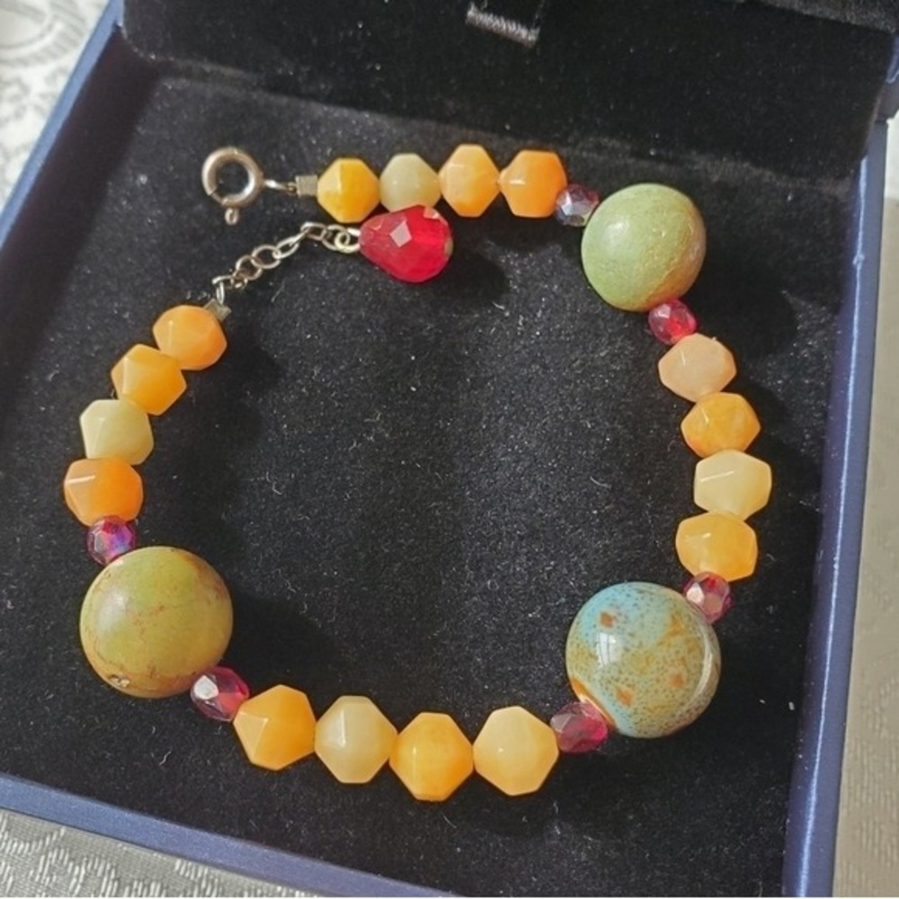 PAIR of Bracelets Hand Made Green Orange Beige Tan Beaded Wire Boho Unique Artsy